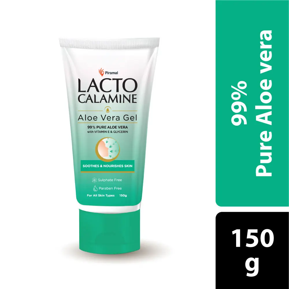 Lacto Calamine Aloe Vera Gel with 99% Pure Natural Aloe Vera, Vitamin E and Glycerin for non-sticky hydration and cooling effect. Lightweight. Soothes and Nourishes skin. No Parabens, No Sulphates - 150 g