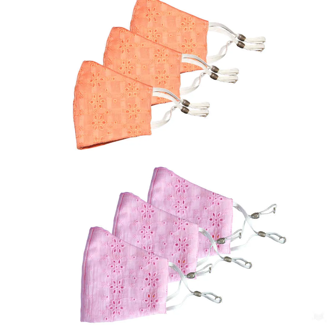 Bellofox Peach Chikan And Light Pink Chikan Face Mask (Set Of 6)