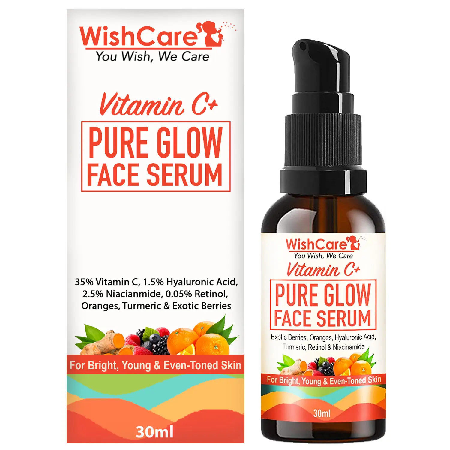 WishCare Vitamin C+ Pure Glow Face Serum - With Hyaluronic Acid, Niacinamide, Retinol, Turmeric, & Orranges - For Bright, Young and Even Toned Skin (30 ml)