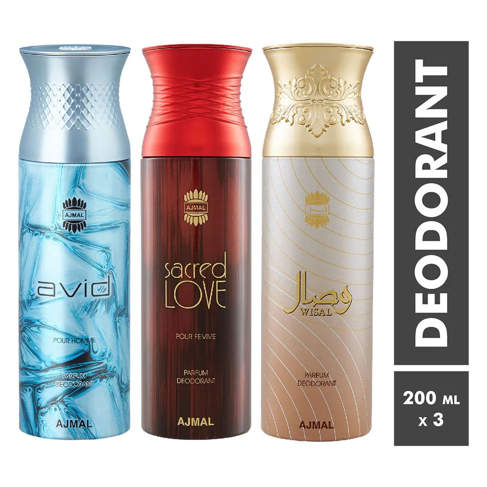 Ajmal Avid, Sacred Love & Wisal Parfum Deodorant For Men and Women - Pack Of 3