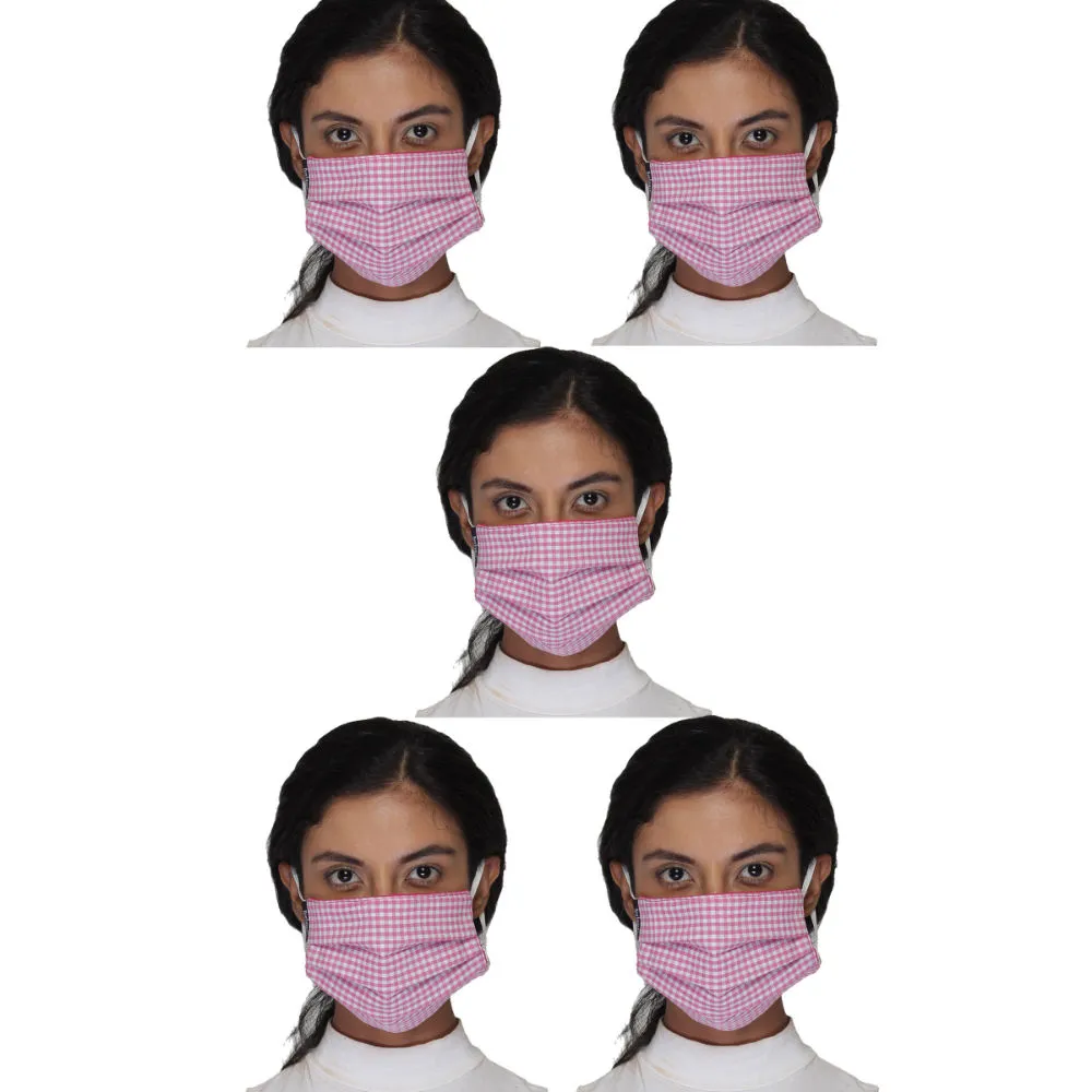 Anekaant Pack Of 5 Pink & White 3-Ply Reusable Checkered Cotton Fabric Fashion Mask