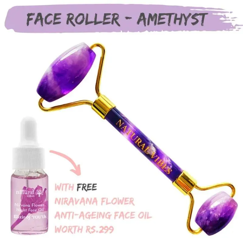 Natural Vibes Amethyst Face Roller + Nirvana Anti Ageing Flower Oil