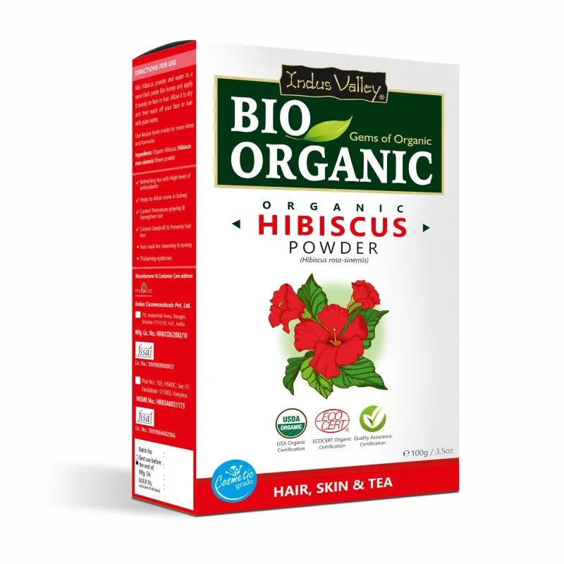 Indus Valley Bio Organic Hibiscus Flower Powder, Exfoliates Dead Skin Cells, Prevents Early Greys