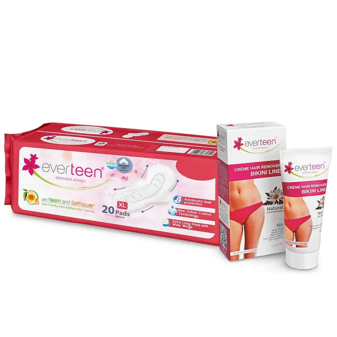 everteen Combo Bikini Line Hair Remover Cream 50g & XL Soft Sanitary Napkin Pads