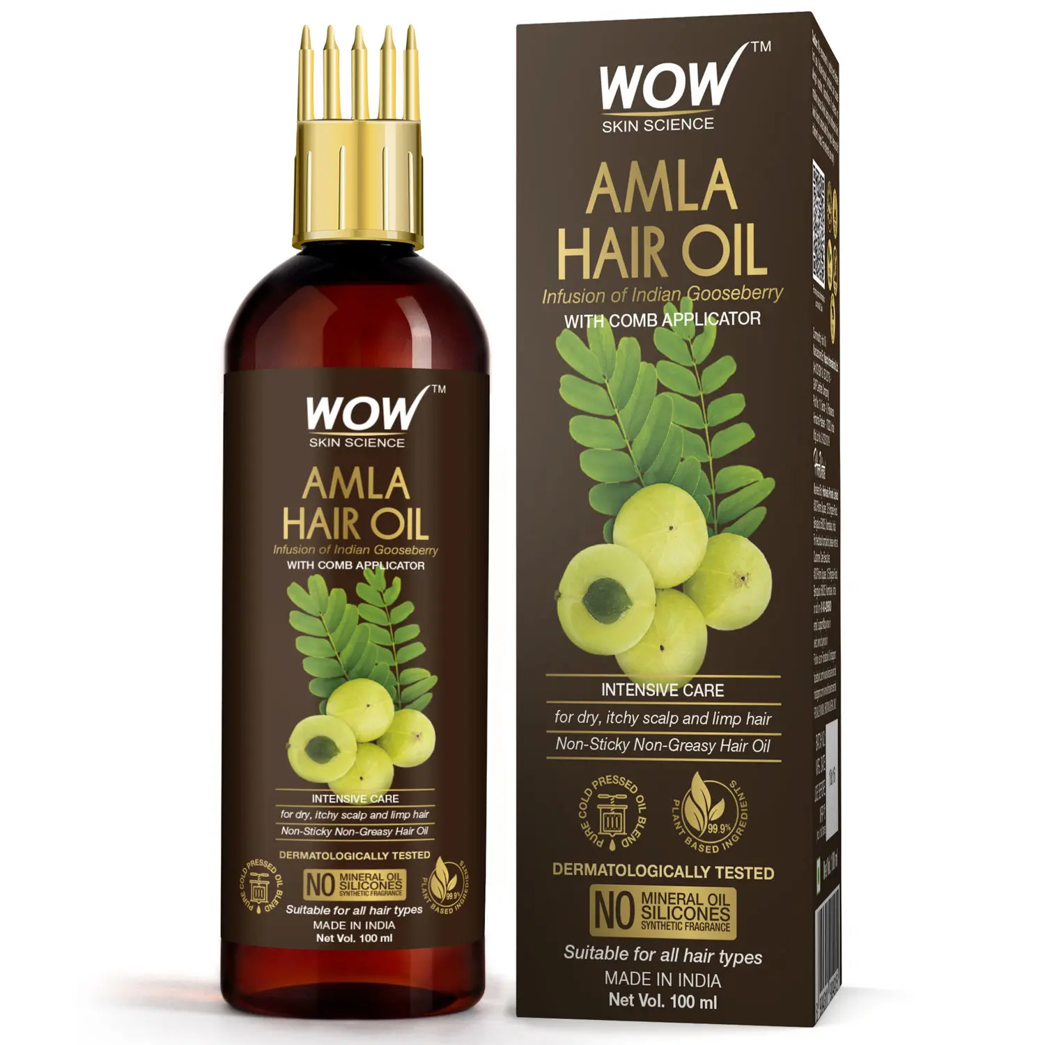 WOW Skin Science Amla Hair Oil - Pure Cold Pressed Indian Gooseberry Oil - Intensive Hair Care - with Comb Applicator - Non-Sticky & Non-Greasy - No Mineral Oil, Silicones, Synthetic Fragrance - 100mL