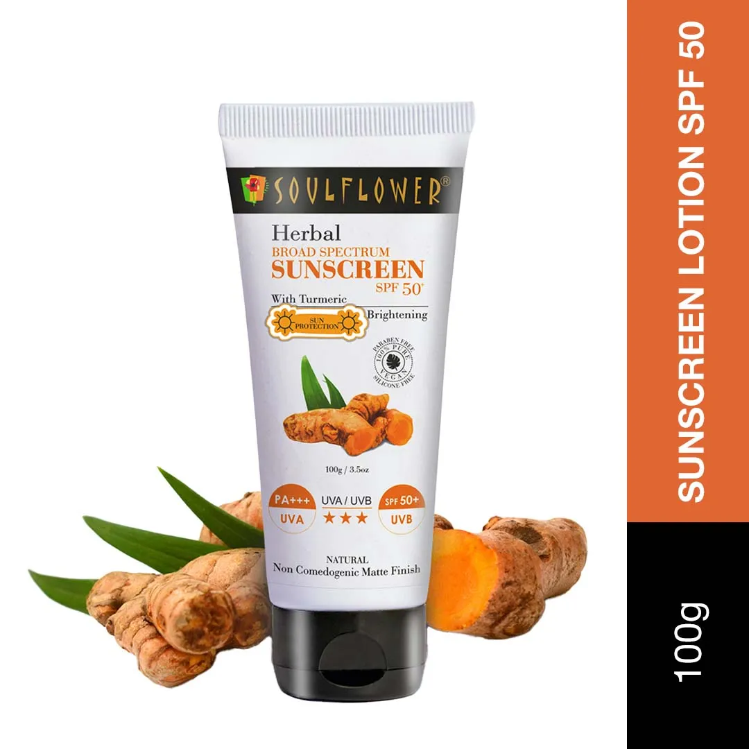 Soulflower SPF 50 Sunscreen With Turmeric For Sun Block, Oily Acne Prone Skin, Face, Body, Dry Skin