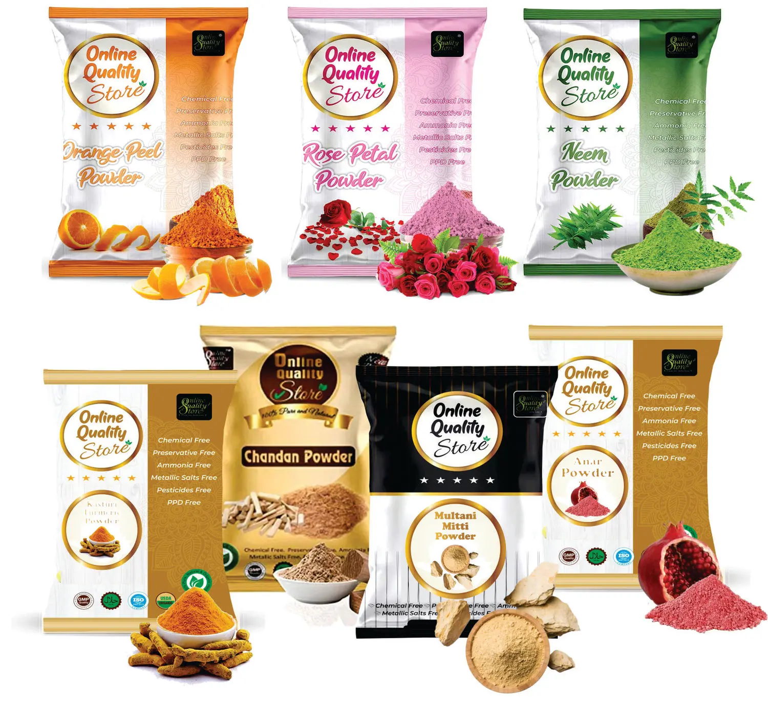 Online Quality Store Multani Mitti 150g, Chandan Powder 50g, Orange Peel Powder 50g, Neem Powder 50g , Rose Powder 50g, Kasturi Turmeric 50 g, Pomegranate Powder 50g -450g{mitticombo_mitti_haldi_pome_(450g)}