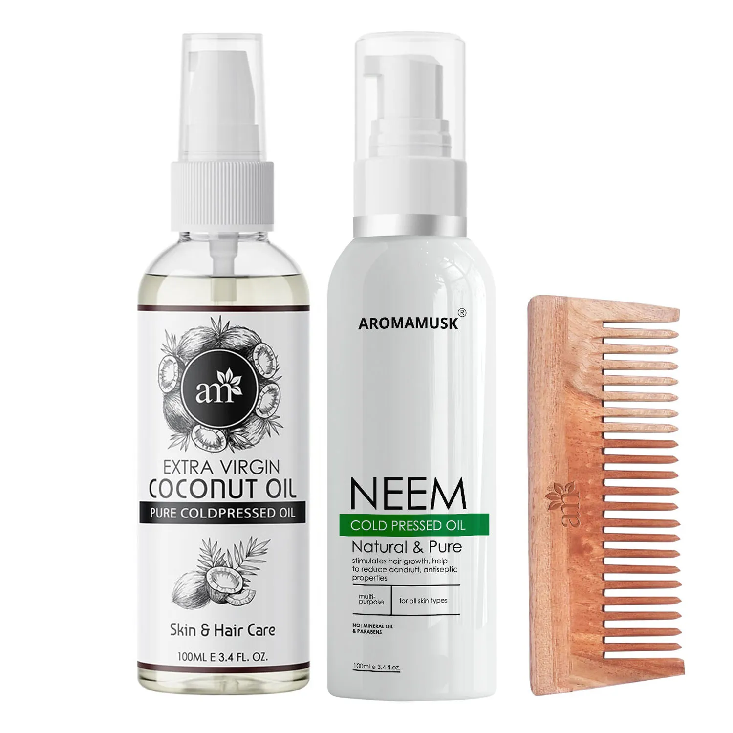 AromaMusk Organic 100% Pure Cold Pressed Coconut & Neem Oil with Wide Tooth Neem Wood Comb