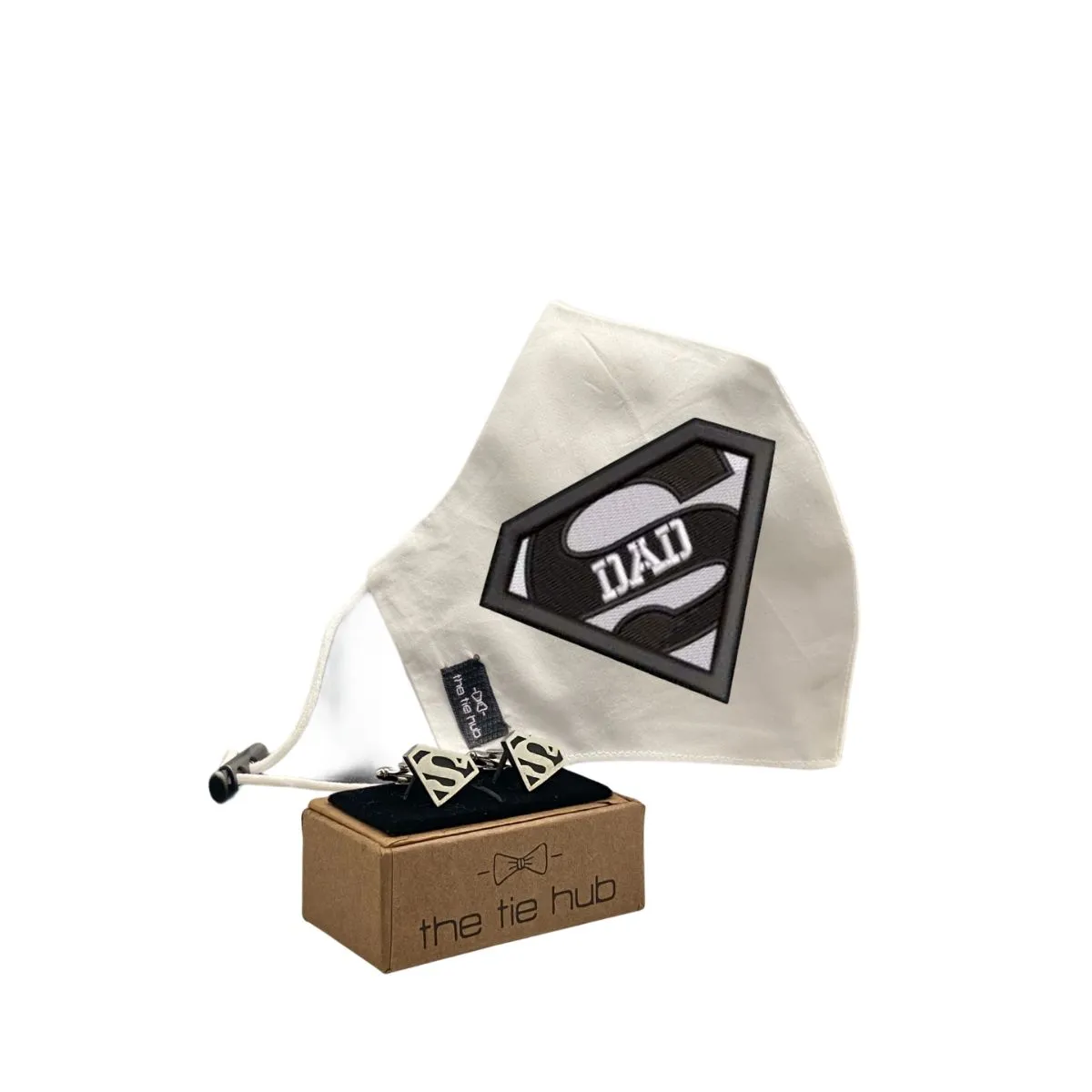 The Tie Hub SUPER DAD b/w Face Mask with S Black and White Cufflinks