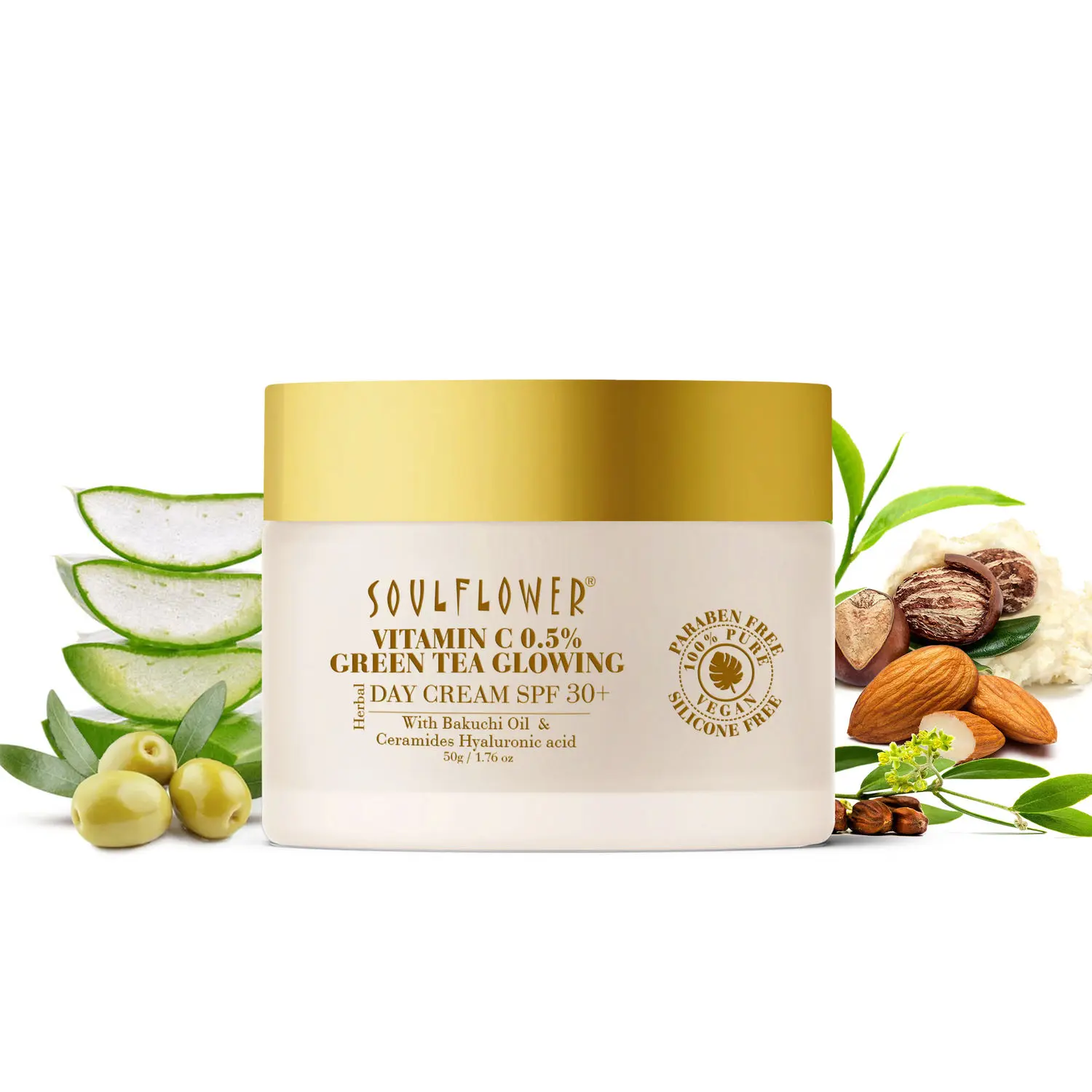 Soulflower Vitamin C 0.5% Green Tea Glowing Day Cream SPF30+, 50g