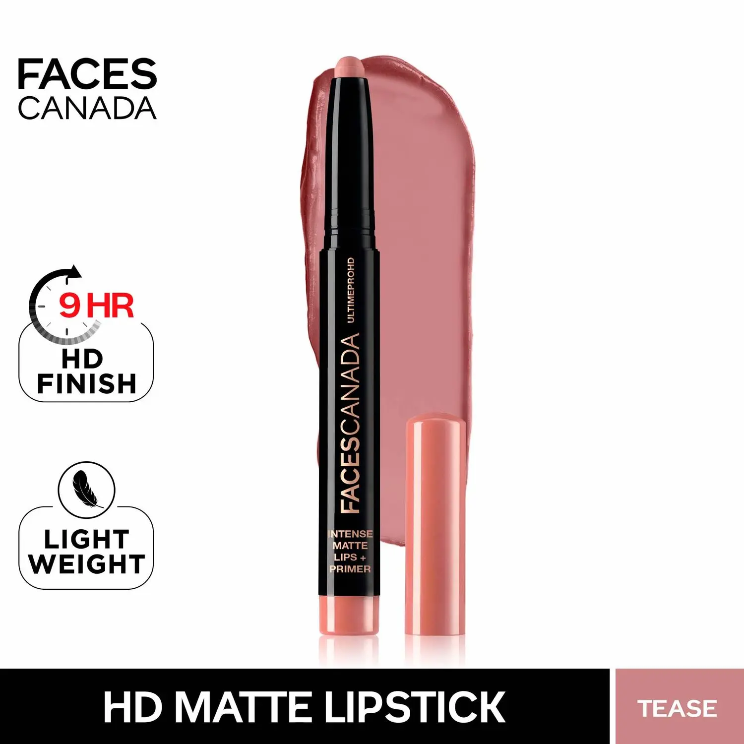 Faces Canada HD Intense Matte Lipstick | Feather light comfort | 10 hrs stay| Primer infused | Flawless HD finish | Made in Germany | Tease 1.4g