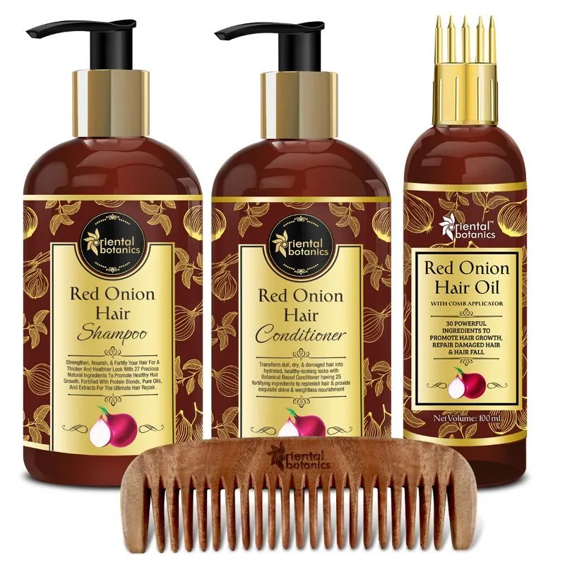 Oriental Botanics Red Onion Hair Shampoo + Conditioner + Hair Oil (comb Applicator) + Neem Comb