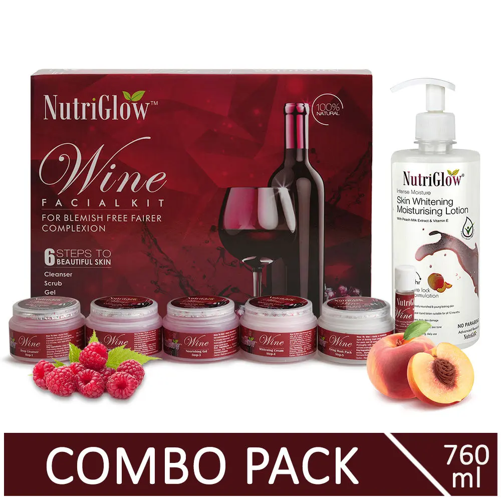 NutriGlow Wine Facial Kit For Blemish Free Fairer Complexion (260 gm) & Skin Whitening Moisturizing Lotion (500 ml)