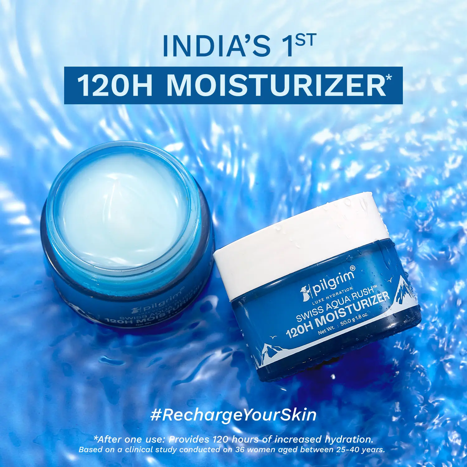 Pilgrim Swiss Aqua Rush 120H Moisturizer for face | Strengthens skin barriers | Plump & glowing skin| 120 Hrs of Increased Hydration | 50 gm