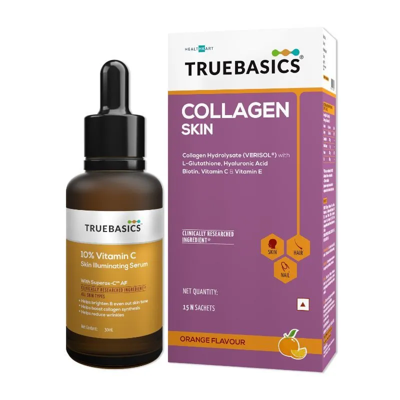 TrueBasics 10% Vitamin C Skin Illuminating Serum + Collagen Skin Sachets(Orange Flavour)- Combo Pack