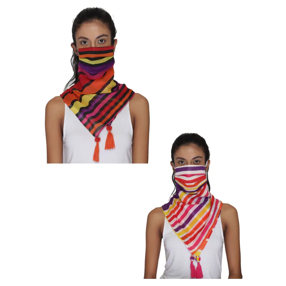 Anekaant Pack Of 2 Multicolor 3-Ply Reusable Cotton Striped Tesselled Scarf Style Fashion Mask