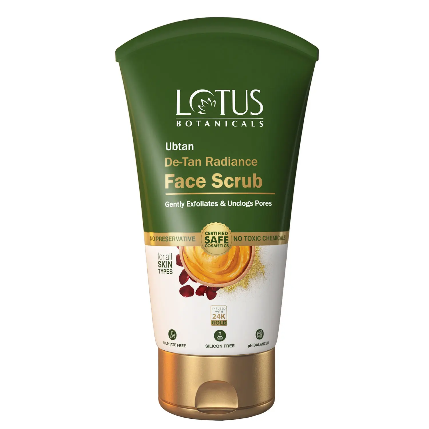 Lotus Botanicals Ubtan De-Tan Radiance Face Scrub | Infused with 24K Gold | For Gentle Exfoliation, Unclogs Pores, Glowing & Rejuvenated Skin, Anti-Tan | No Silicon, No Sulphates, Non-Comedogenic, No Preservatives | 100g