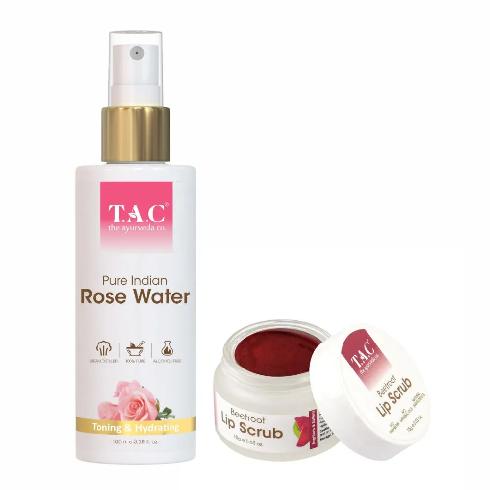 TAC - The Ayurveda Co. Rose Water Toner & Beetroot Lip Scrub For Hydrated Face And Lips