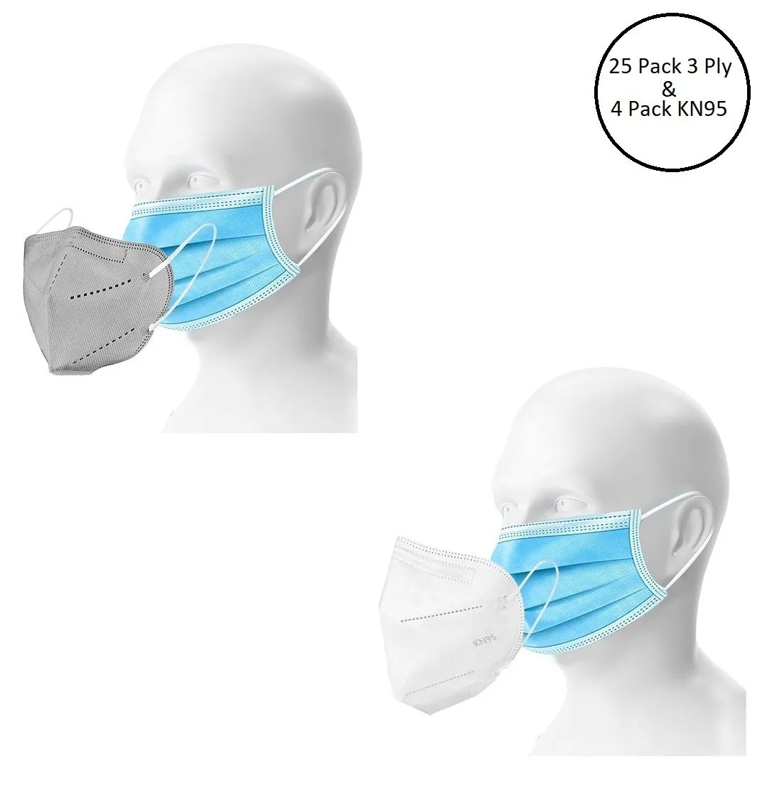 OOMPH Unisex Double Mask Set Of 25 Disposable & 4 KN95 / N95 Masks (Blue, Grey, White)