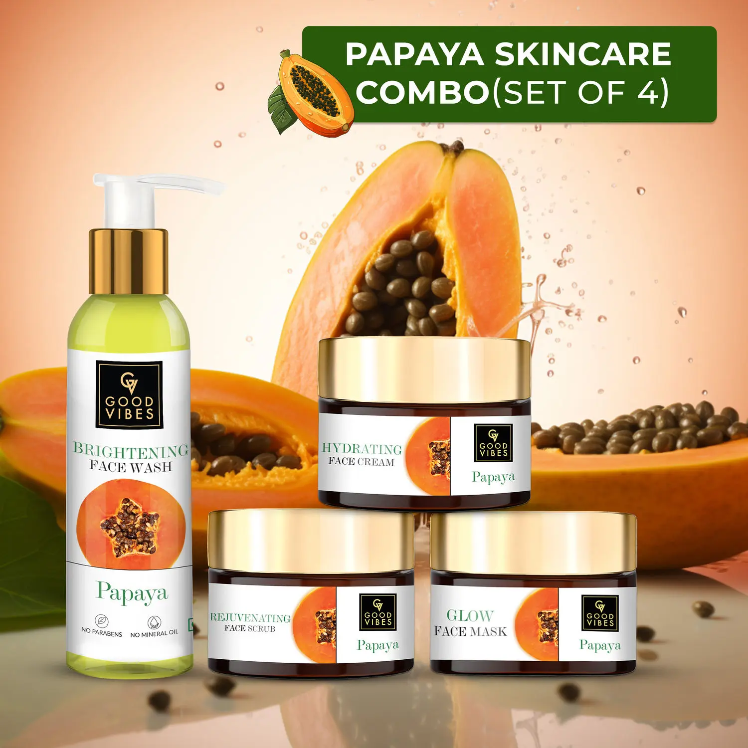 Good Vibes Brightening Papaya Combo (Facewash, Face cream, Scrub, Mask)