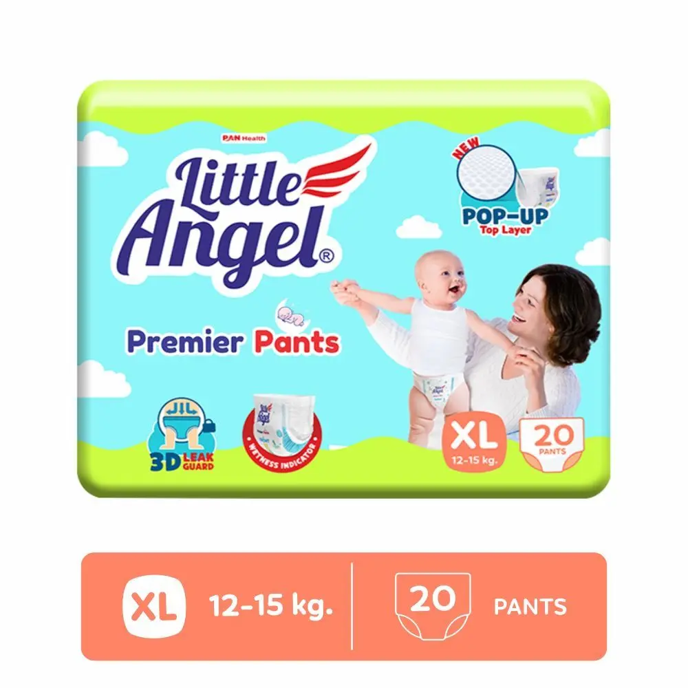 Little Angel Premier Pants Baby Diapers, Extra Large (XL) Size, 20 Count, Cottony Soft Material, Breathable, Extra Dry Core, Stretchable Sides, Pack of 1, 12-15 kgs