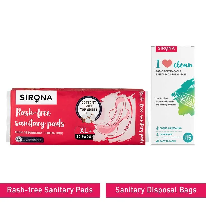 Sirona Cottony Soft Rash Free Sanitary Pads - Pack Of 30 (xl+) With Sanitary Disposal Bags