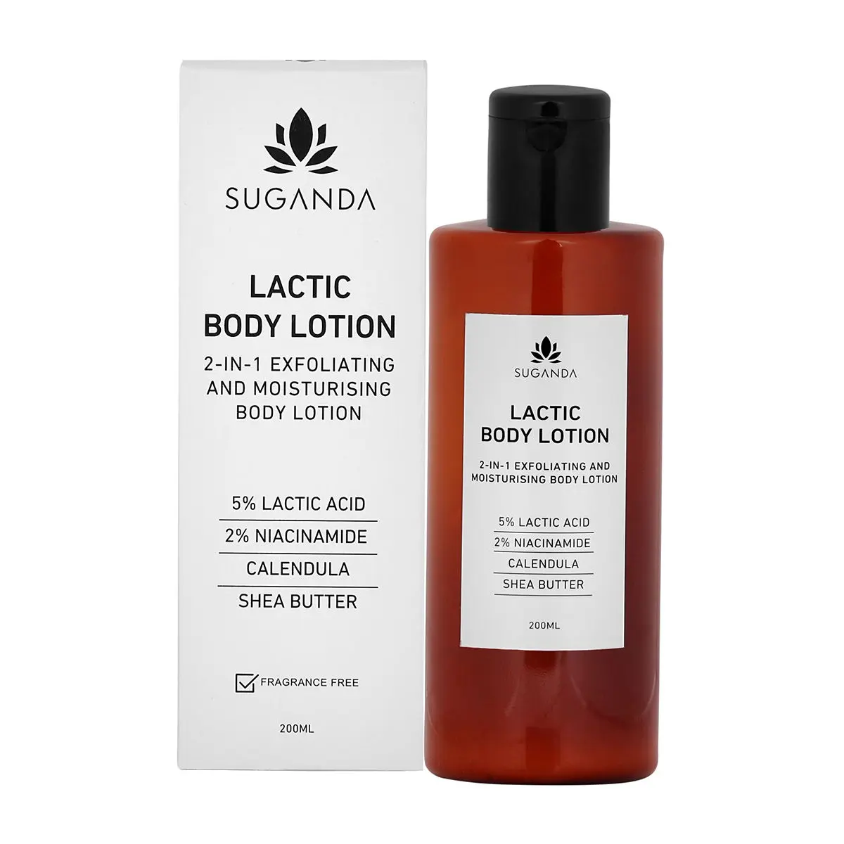 Suganda 5% lactic acid, 2% Niacinamide, Calendula, Shea Butter, 2-in-1 Exfoliating & Moisturising Fragrance Free Body Lotion, 200ml