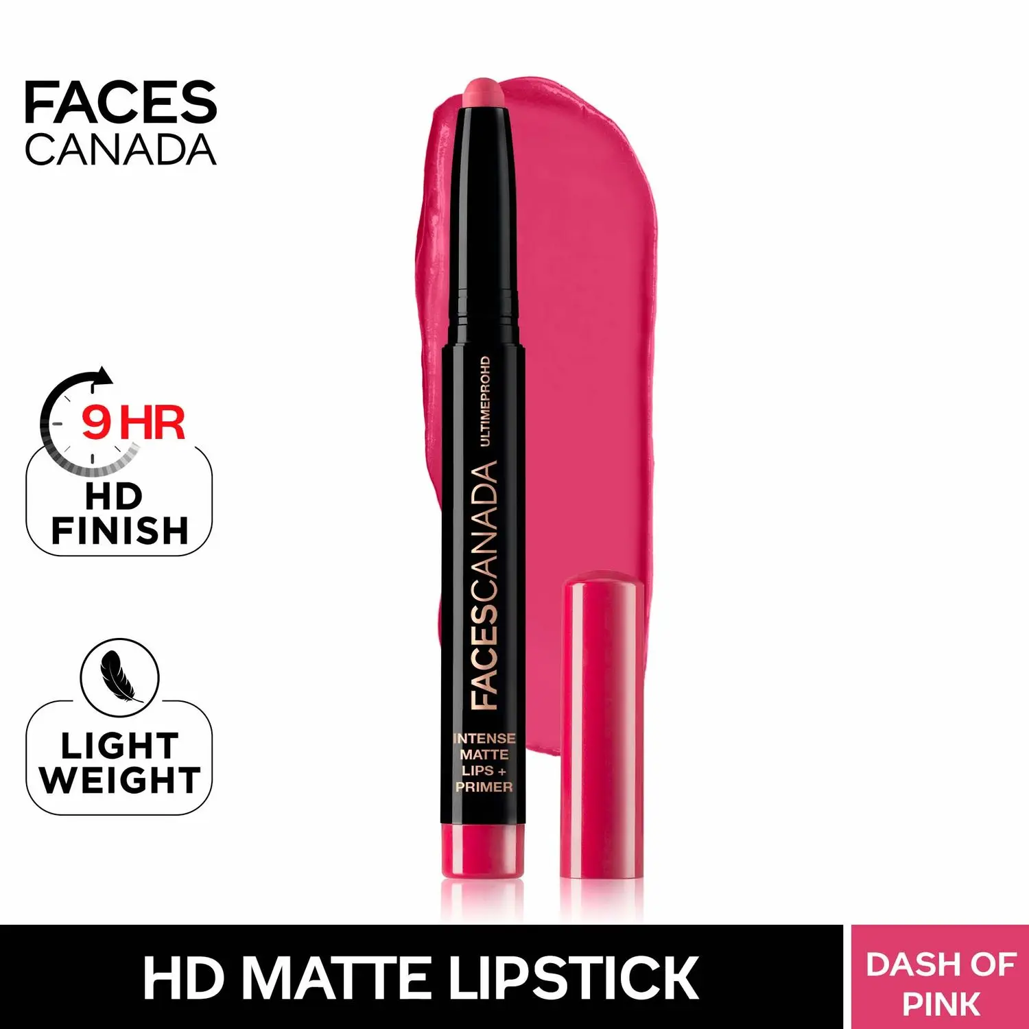 Faces Canada HD Intense Matte Lipstick | Feather light comfort | 10 hrs stay| Primer infused | Flawless HD finish | Made in Germany |Dash Of Pink 1.4g