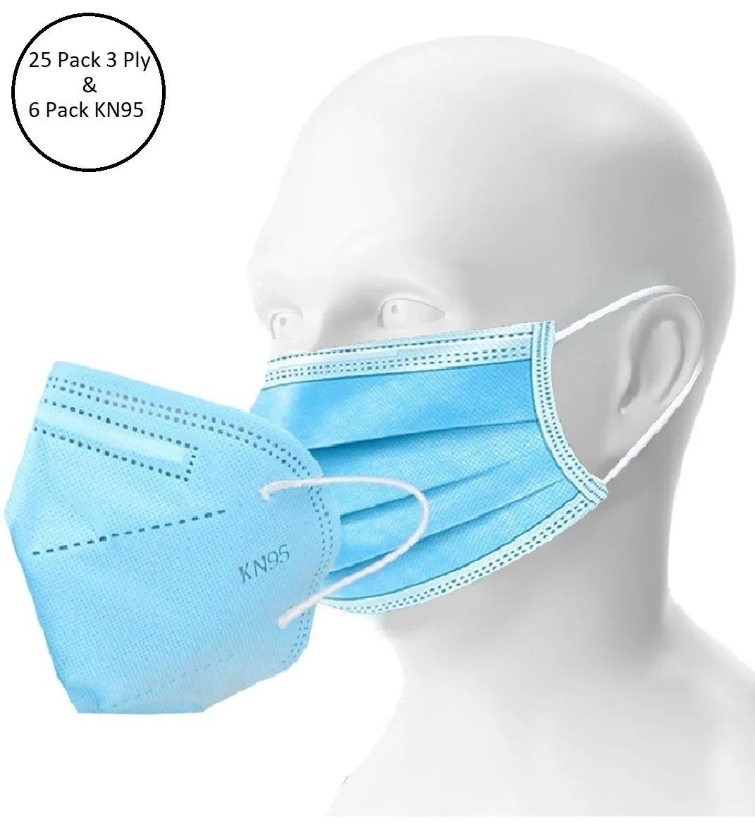 OOMPH Unisex Double Mask Set Of 25 Disposable & 6 KN95 / N95 Masks (Blue)