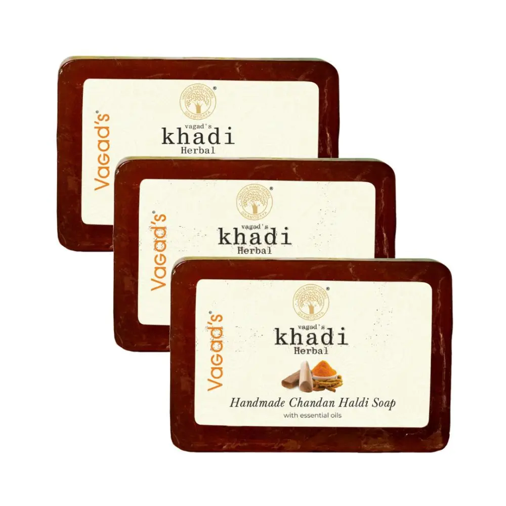 Vagad's Khadi Chandan Haldi Soap 125gm | Removes Tan and Rashes | Treats Blemish and Acne Problems | Free from Parabens | Silicon Free (Pack of 3)