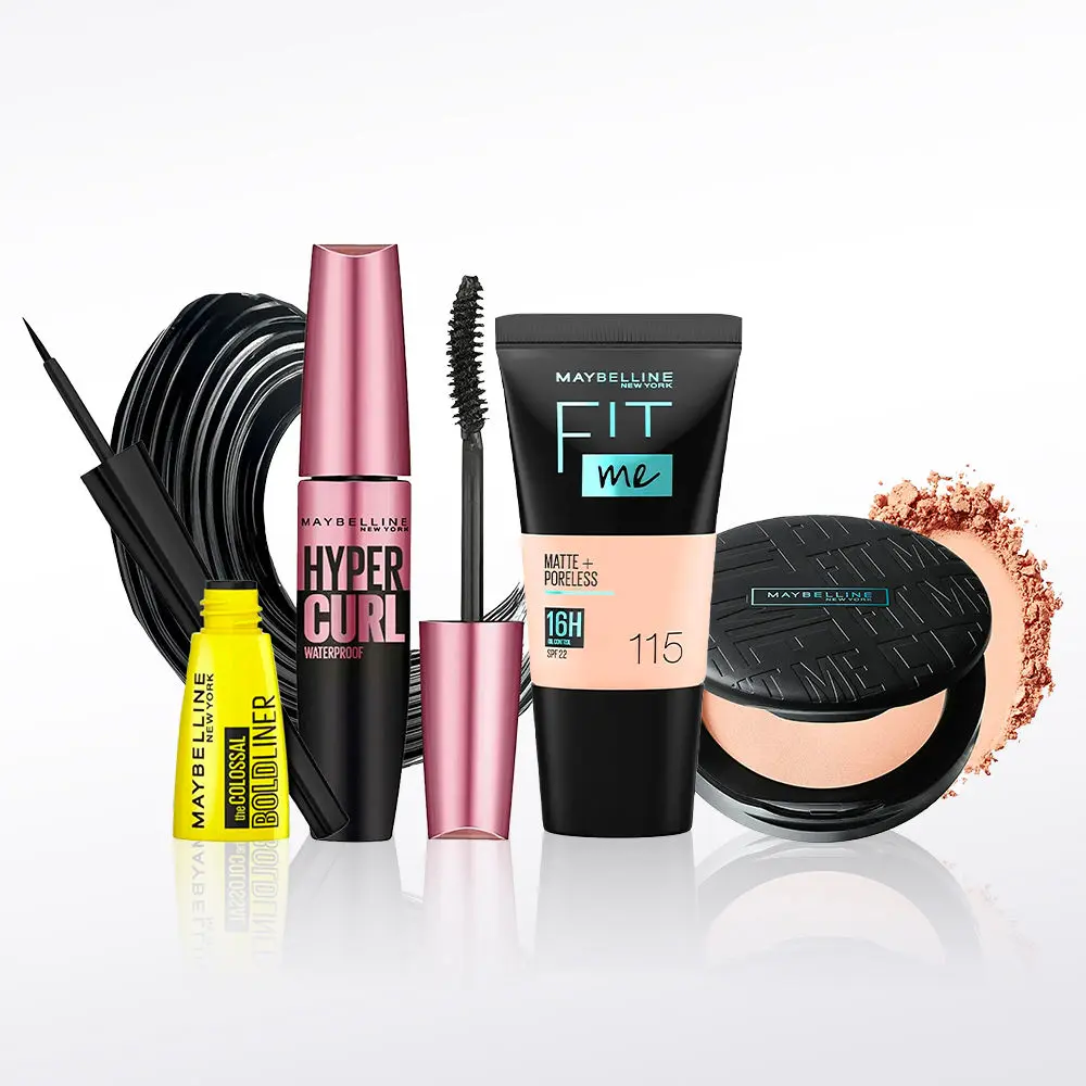Maybelline NewYork Radiant Beauty Must-Haves 2 | Fit Me Compact 115(6 g) | Fit Me Liquid Foundation Tube 115 (18 ml) | Hypercurl Mascara Waterproof Very Black (9.2 g) | Colossal Bold Eyeliner Black(3g)