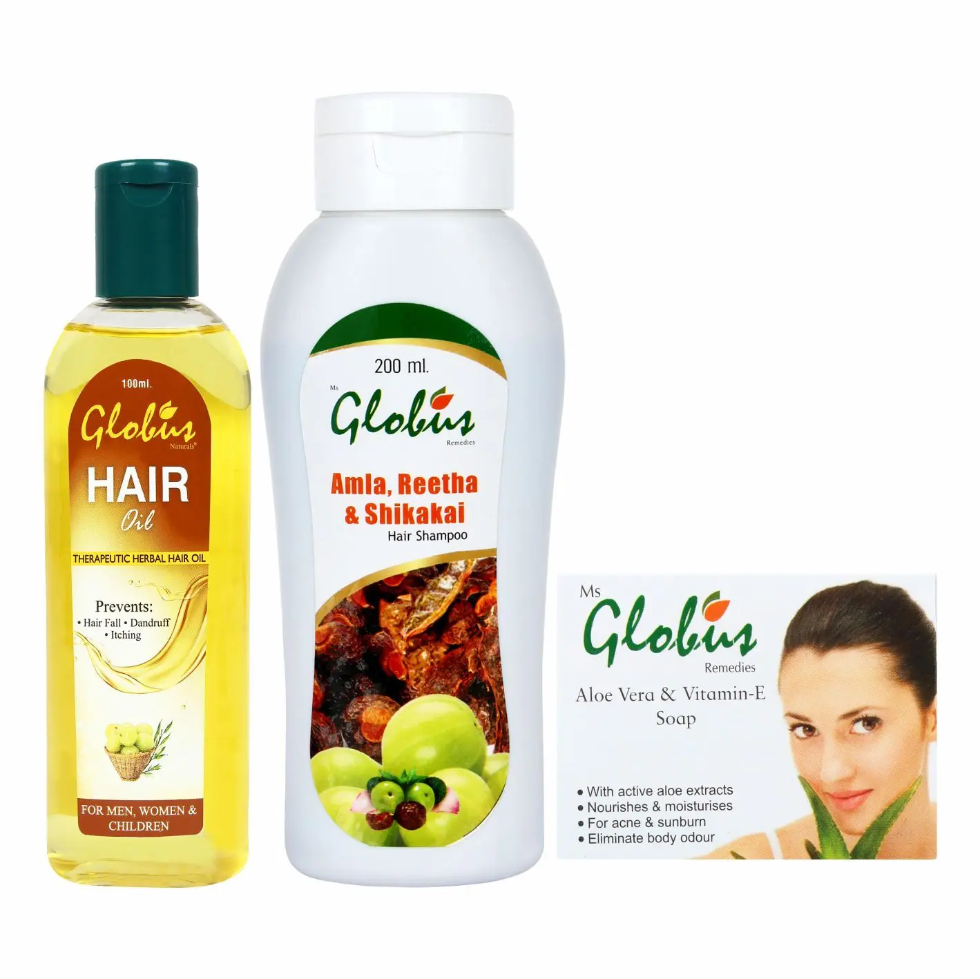 Globus Aloe Vitamin E Soap+ Globus Hair Oil+ Globus Herbal Shampoo (375 g)