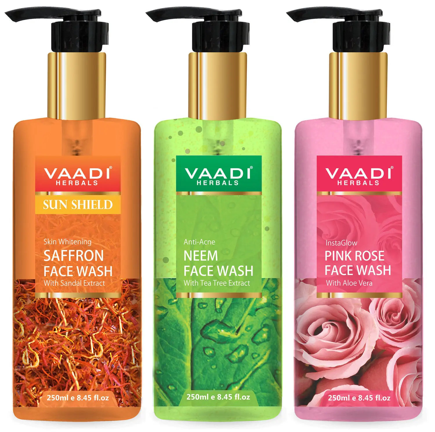 Vaadi Herbals Pack of 3 Luxurious Face Wash - Skin Whitening Saffron (250 ml) Anti-Acne Neem (250 ml) & Insta Glow Pink Rose Face Wash (250 ml)