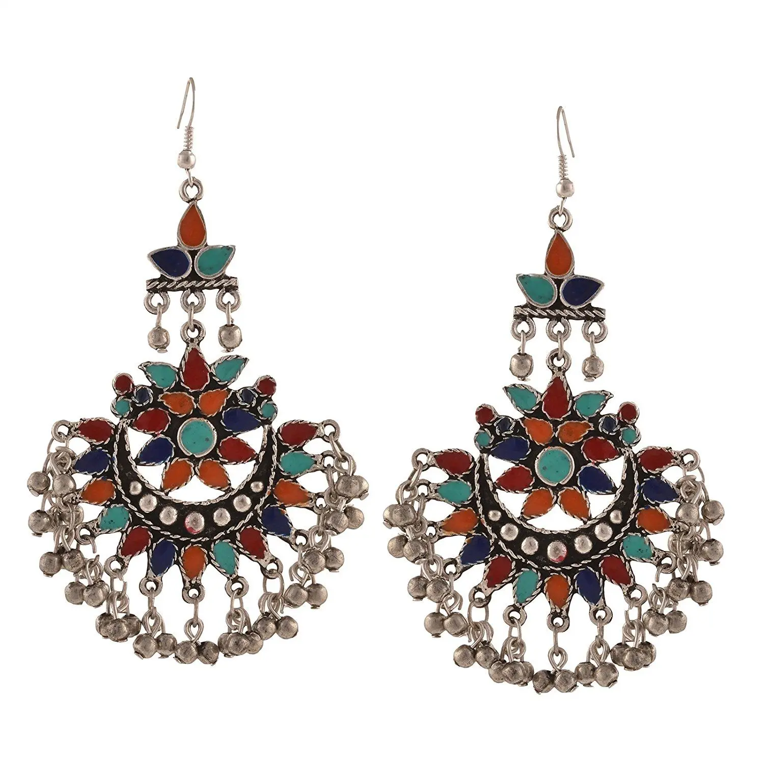 Crunchy Fashion Oxidised Silver Multicolored Afghan Earrings For Women