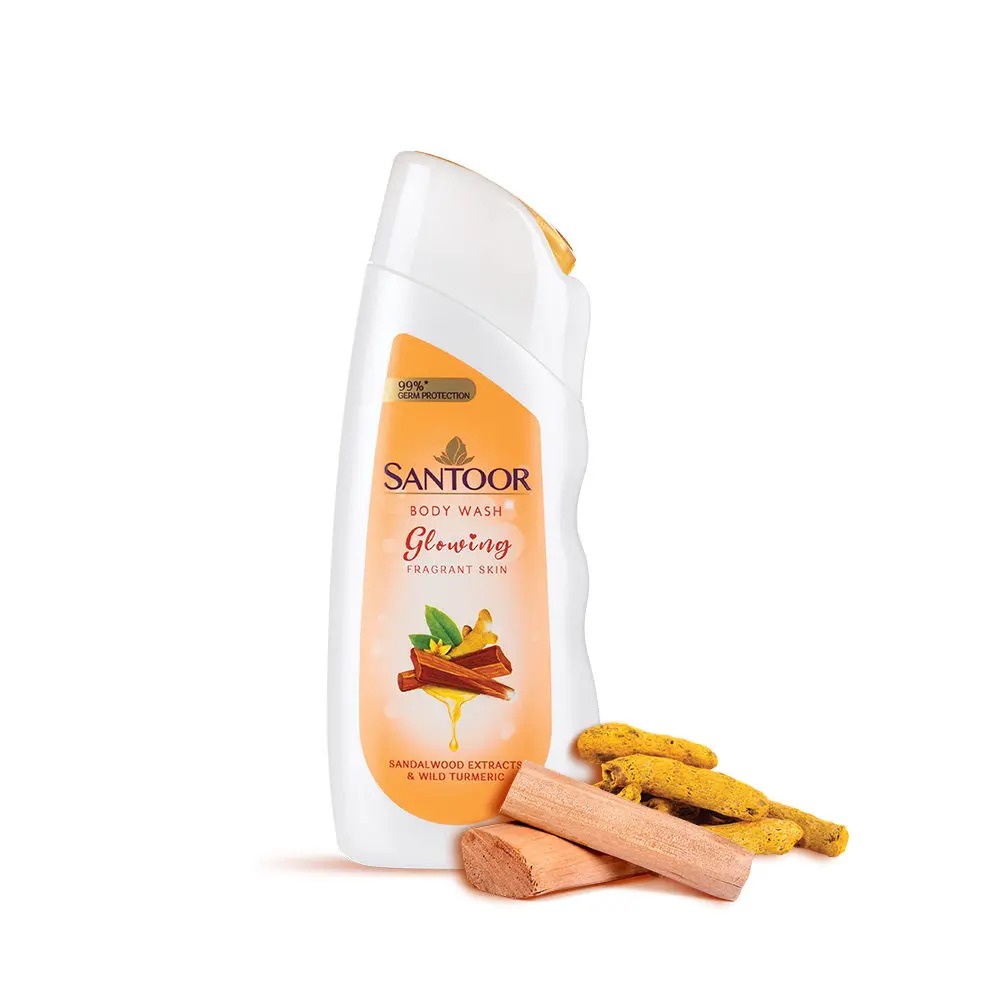 Santoor Glowing Skin Body Wash, 230ml, Enriched With Sandalwood Extracts & Wild Turmeric, Soap-Free, Paraben-Free, pH Balanced Shower Gel