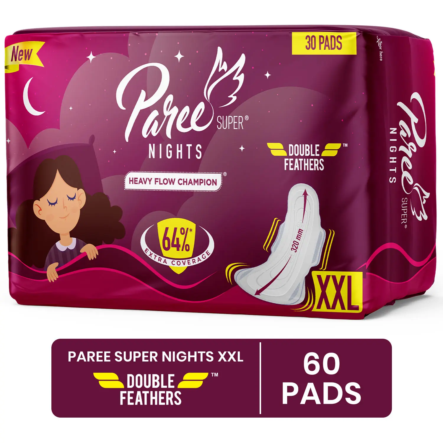 Paree Super Nights Sanitary Pads with Double Feather for Heavy Flow, XXL | All Night Leakage Protection and Convenient Disposable Pouch - 60 Pads