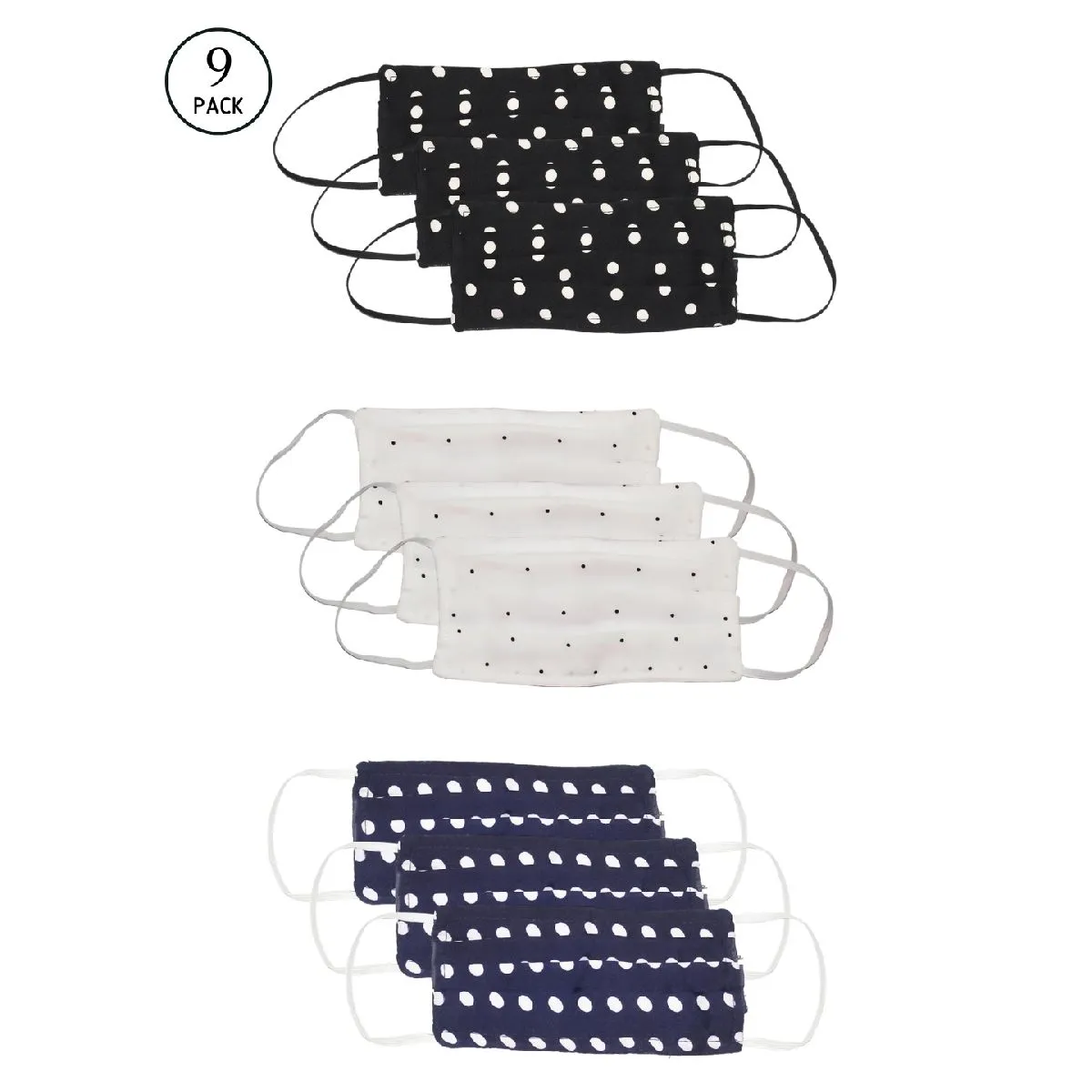 Bellofox 3-Ply Blue White- Blue & Black Polka Cotton Face Mask (Pack Of 9)