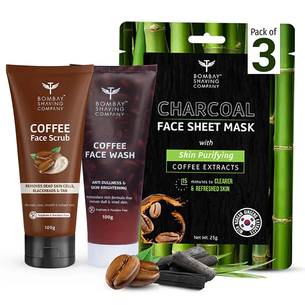 Bombay Shaving Company Coffee Facial Glow Kit For Men & Women | Coffee Scrub (100g), Coffee Face Wash (100g) & Charcoal Sheet Mask (Pack of 3) | Detoxify and Rejuvenate your skin