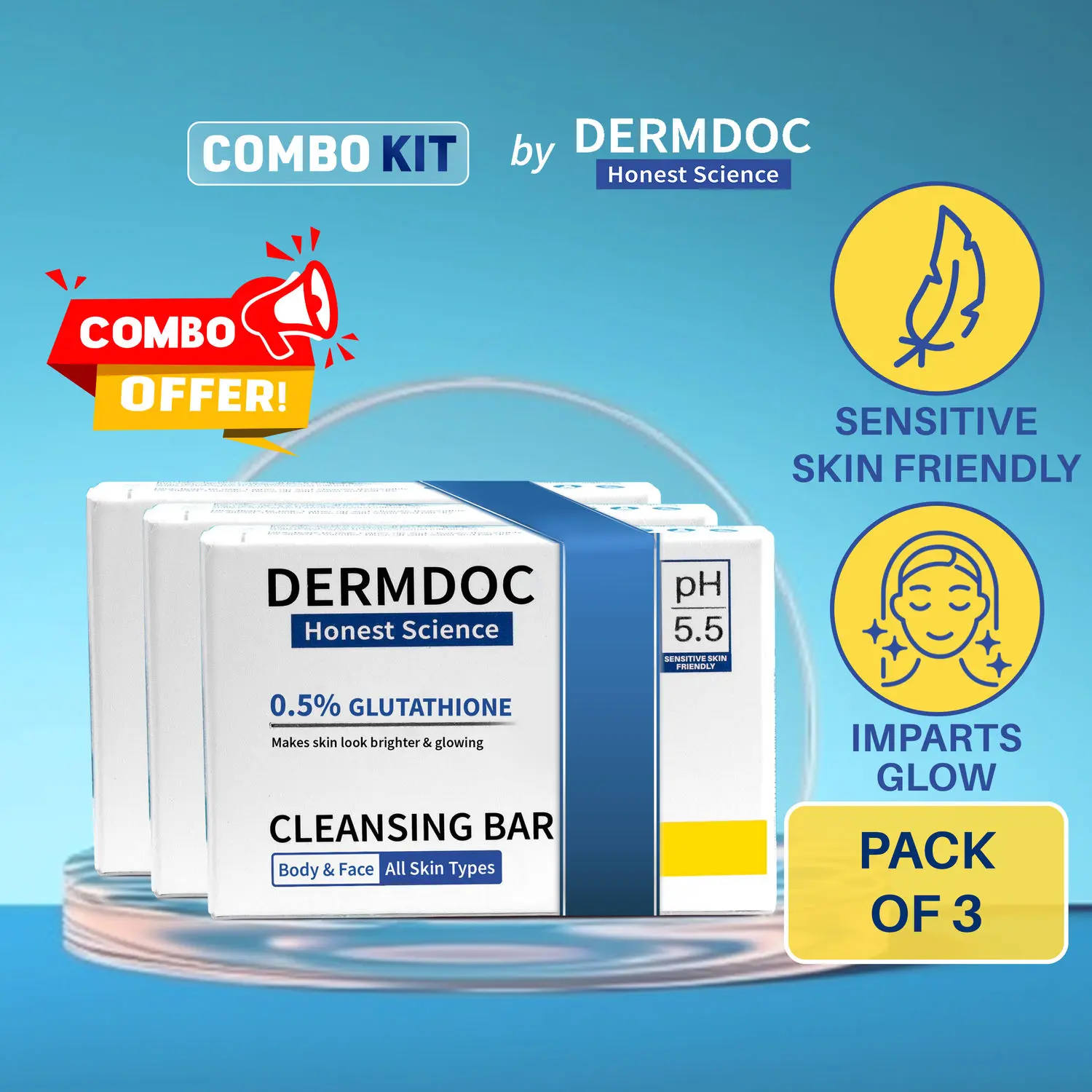 DERMDOC Combo Kit Glutathione Cleansing Bar (Pack of 3) | gentle deep cleansing bar | skin glow | soap free glutathione cleansing bar | soap for glow