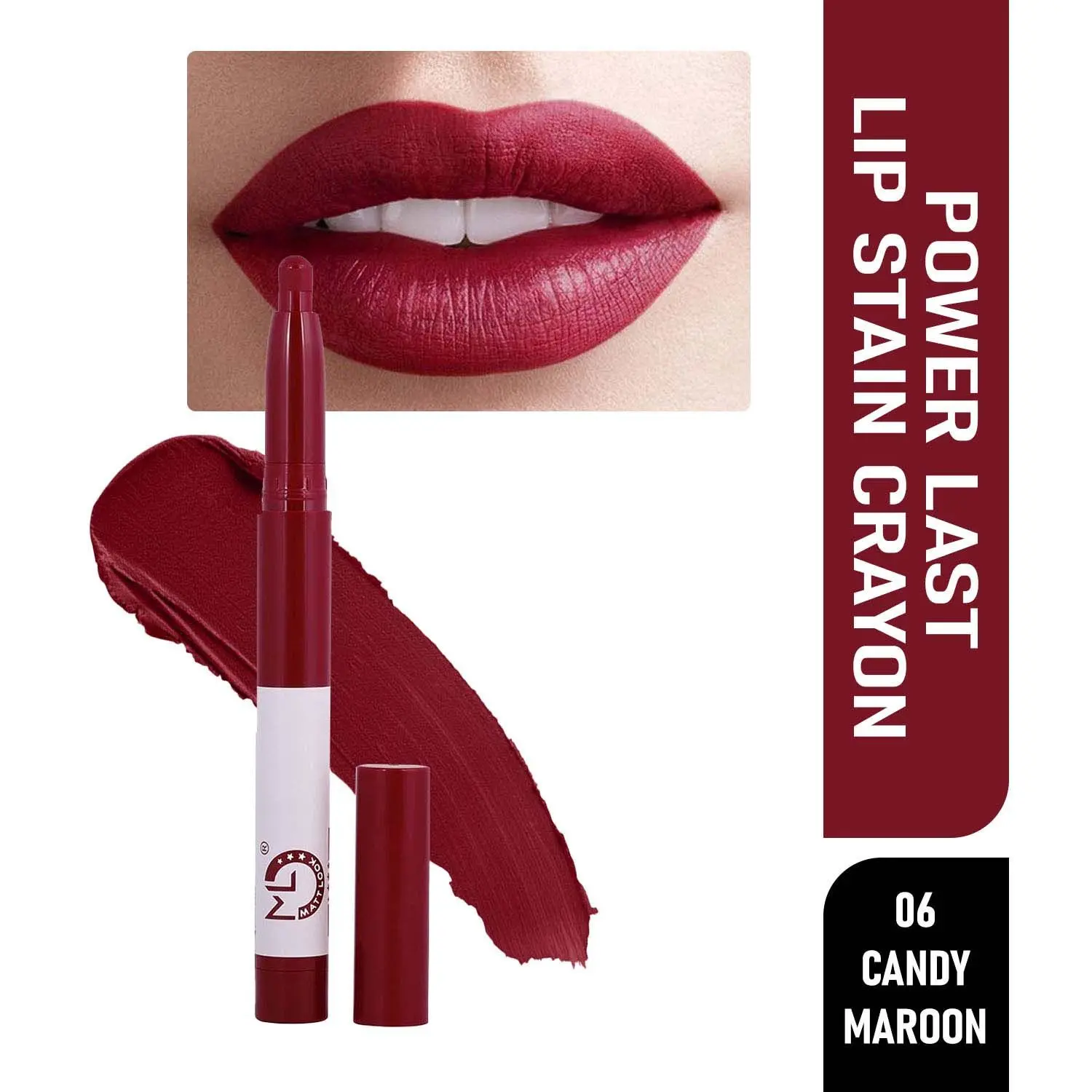 Matt look Power Last Lip Stain Crayon Lipstick, Rich Colour, Non Transfer, Mask Proof & Luxurious Creamy Matte, Candy Maroon (1.3 gm)