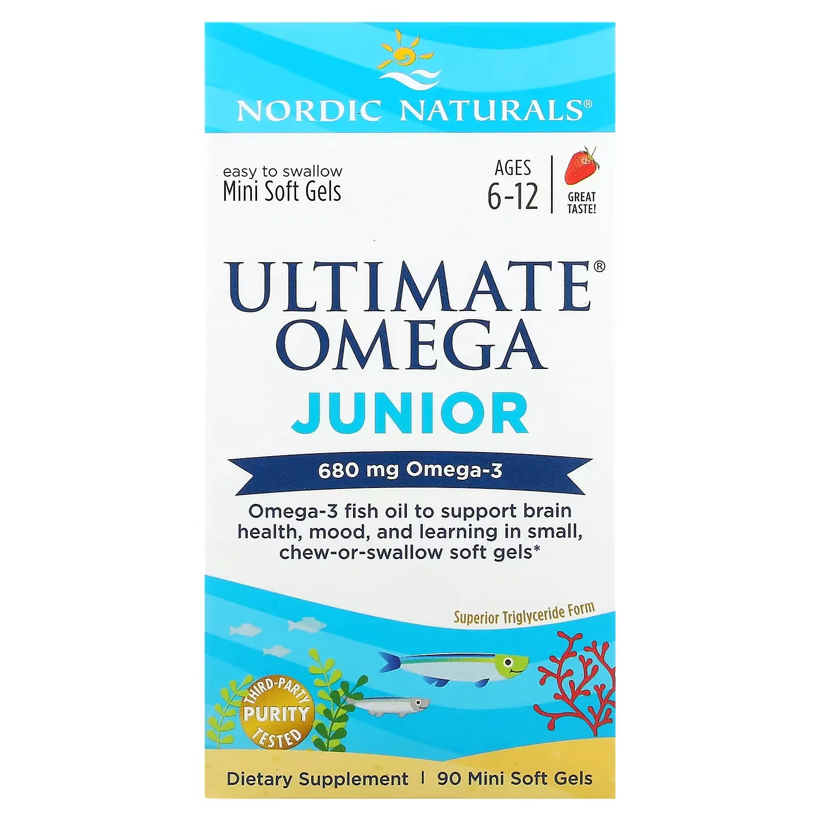 Ultimate Omega Junior,  Ages 6-12, Strawberry, 340 mg, 90 Mini Soft Gels