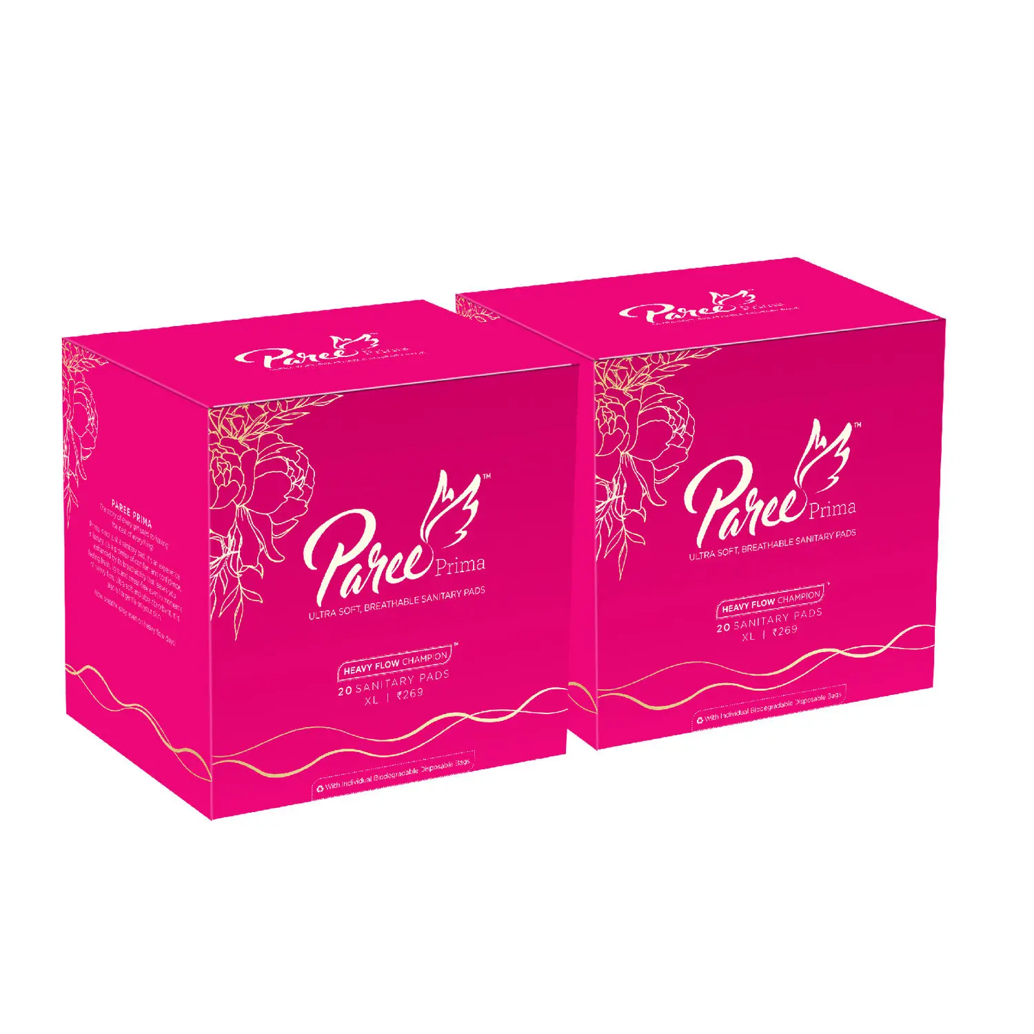 Paree Prima Premium Ultra Soft Sanitary Pads for Women with Breathable Back Sheet And Super Soft Top Sheet for Heavy Flow, XL| Biodegradable Disposable Bags, 40 Pads