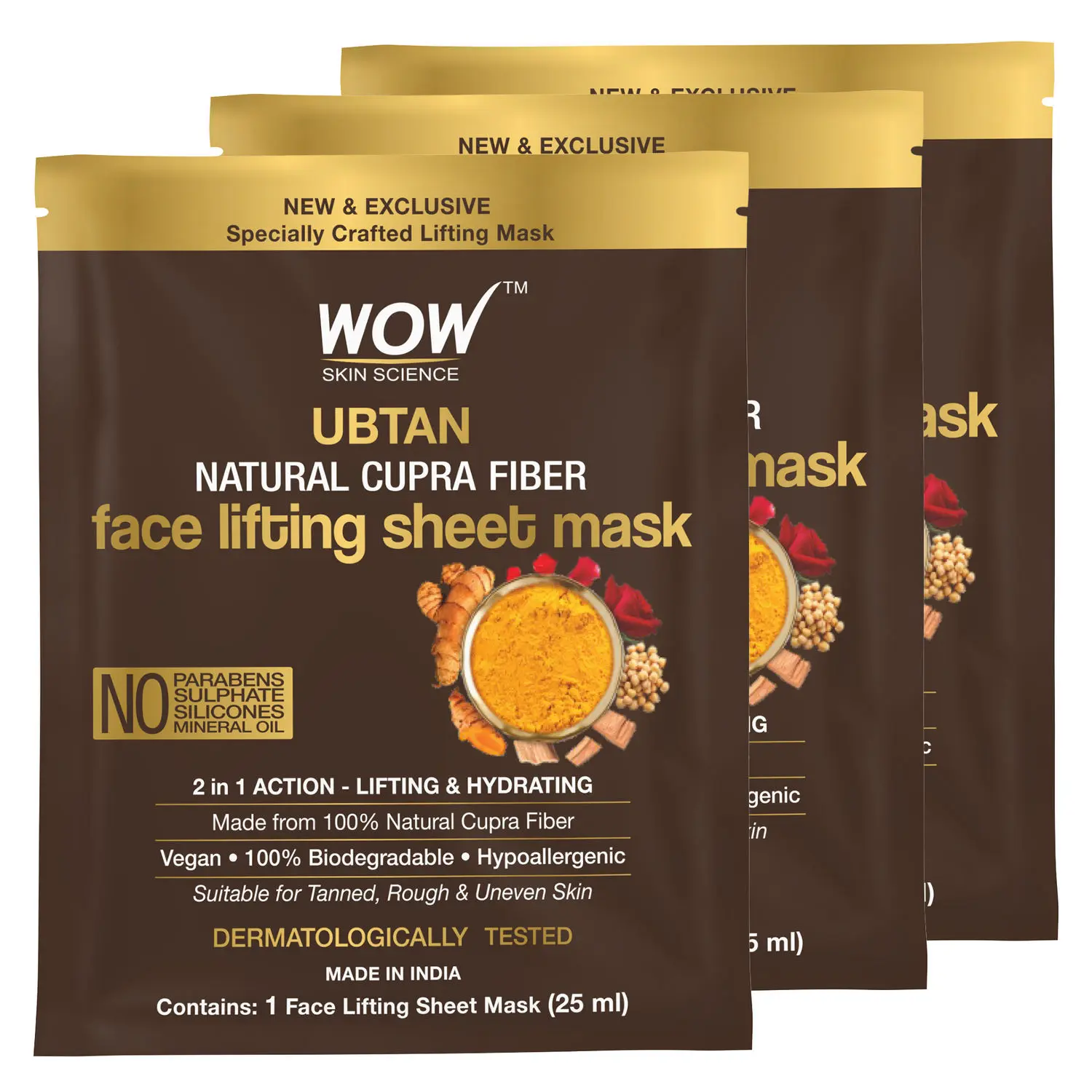 WOW Skin Science Ubtan Natural Fiber Cupra Face Lifting Sheet Mask - For Tan Removal & Anti-Aging - 25 Ml - Pack of 3