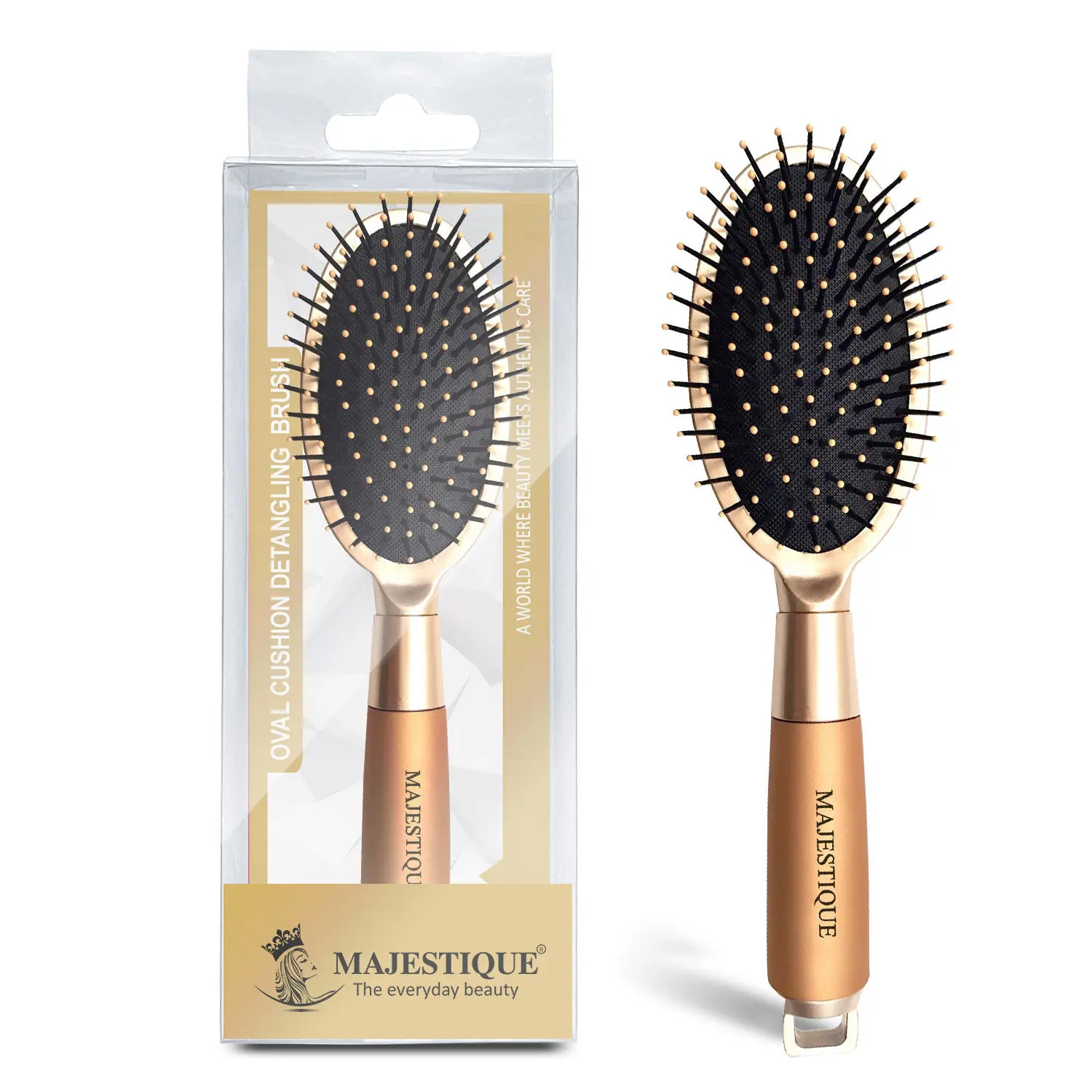 Majestique Golden Oval Cushion Detangling Brush HR108- Friendly Detangling Brush Ultra-Soft Tipped Nylon