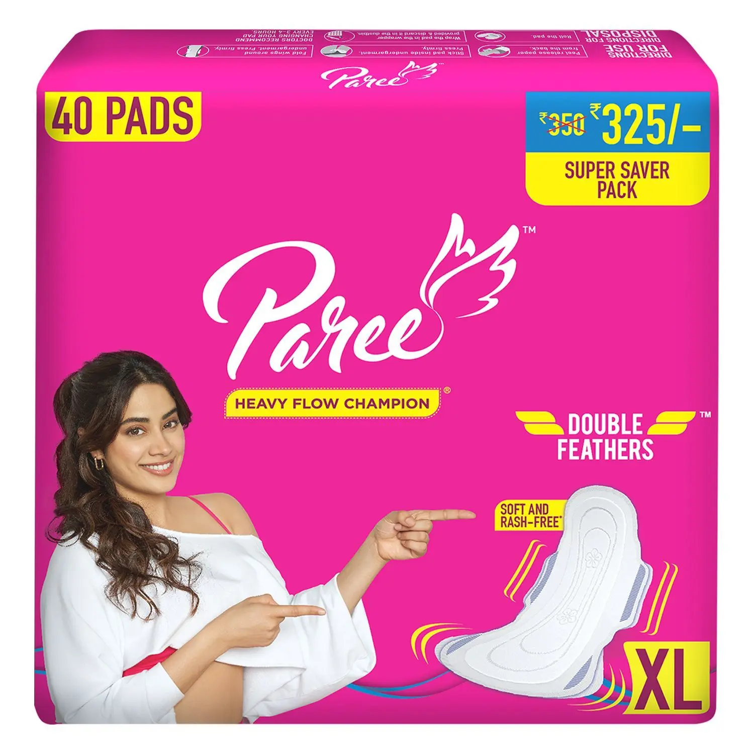 Paree Soft & Rash Free Comfort Sanitary Pads for Women With 3 Seconds Absorption For Heavy Flow, XL| Wider Back and Gentle Fragrance - 40 Pads