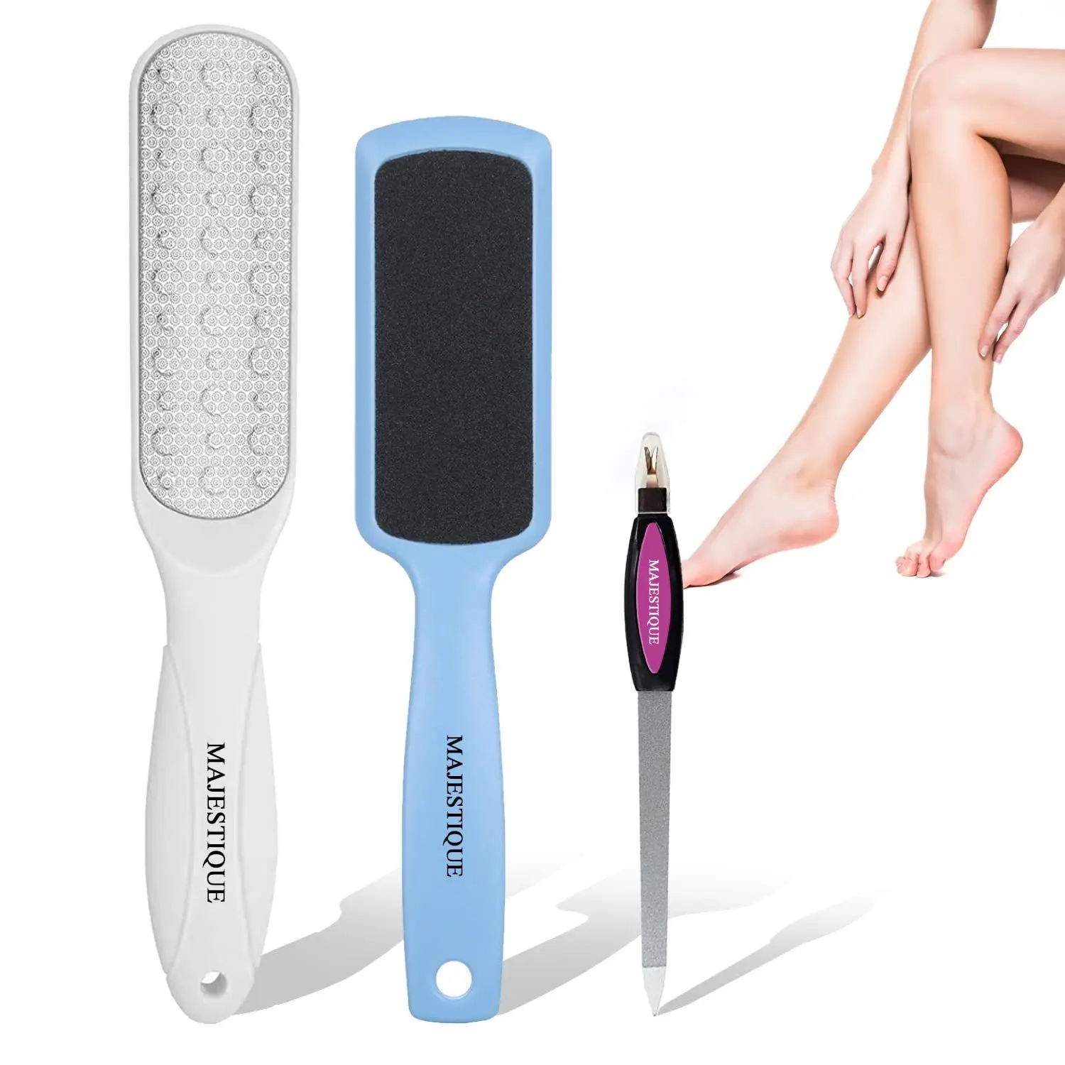 Majestique 3Pcs Foot File Set - Dead Skin Removal For Feet, Hands , and Body - Color May Vary