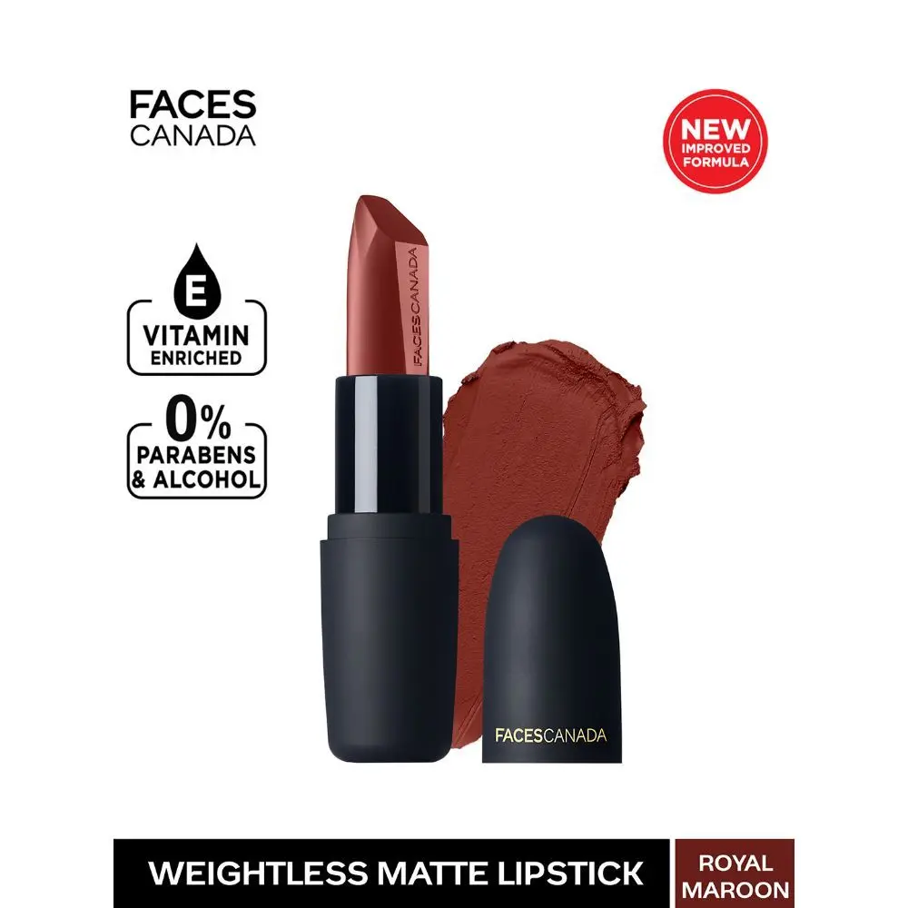 Faces Canada Weightless Matte Lipstick |Jojoba and Almond Oil | Highly pigmented |Smooth One Stroke Color | Keeps Lips Moisturized |Royal Maroon 4.5 g