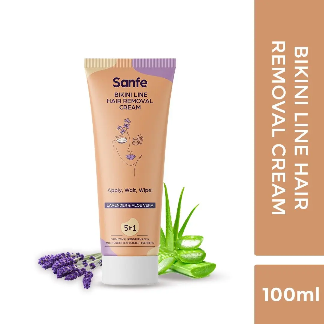Sanfe Bikini Line Hair Removal Cream, For Sensitive Skin, With Lavender & Aloe vera With Kojic Acid - 5 in 1 - 100g