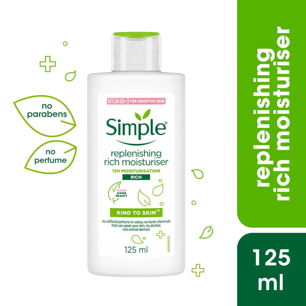 Simple Kind to Skin Replenishing Rich Moisturiser| Moisturiser for sensitive Skin | No Added Perfume, No Harsh Chemicals, No Artificial Color, No Alcohol and No Parabens | 125 ml