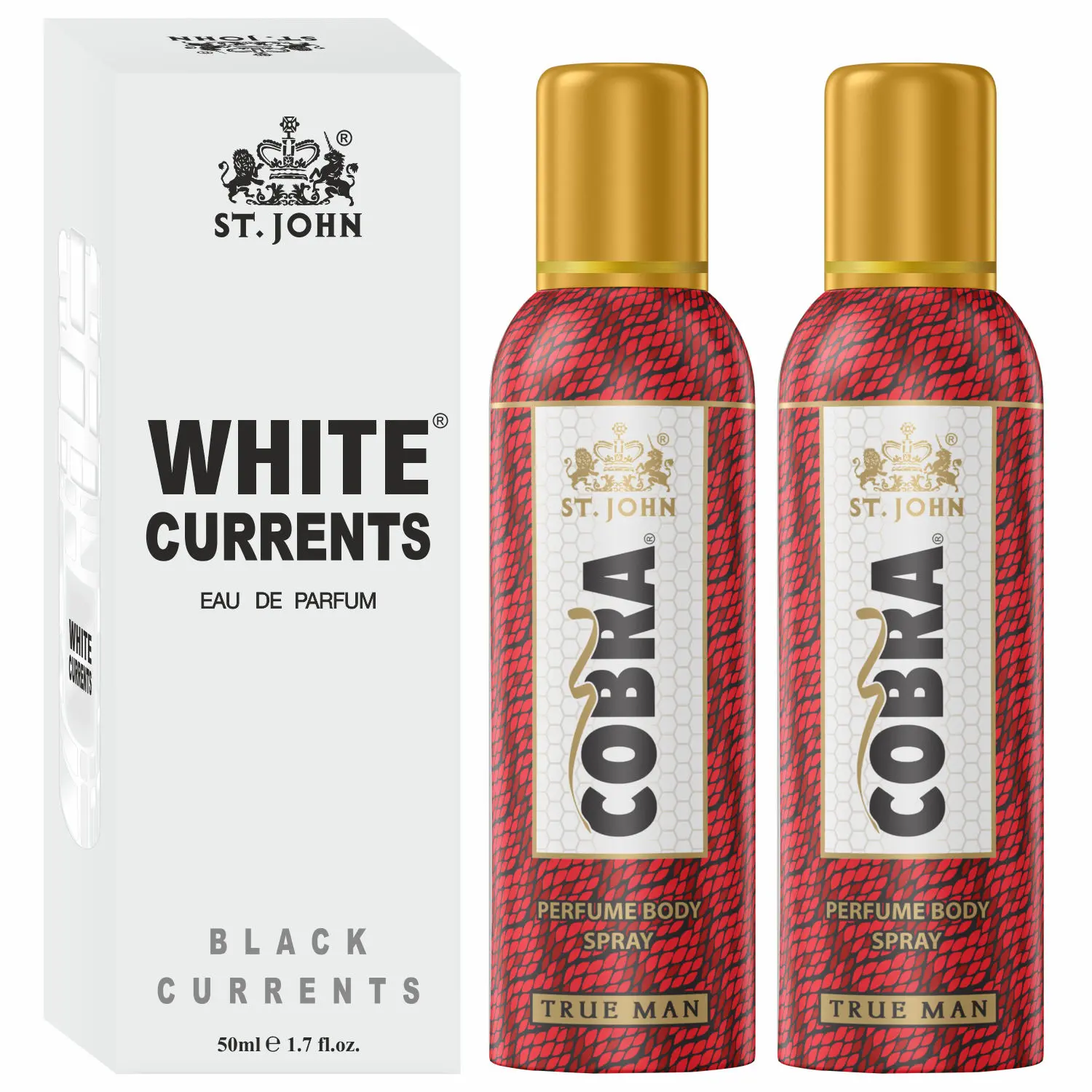 ST-JOHN Cobra Deodrant No Gas True Man Pack of 2 100ml each & White Current 50ml Combo Perfume Body Spray - For Men & Women (250 ml, Pack of 2)